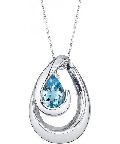 Sterling Silver Wave Pendant Necklace for Women in Various Gemstones, Pear Shape 7x5mm, with 18 inch Italian Chain Swiss Blue...