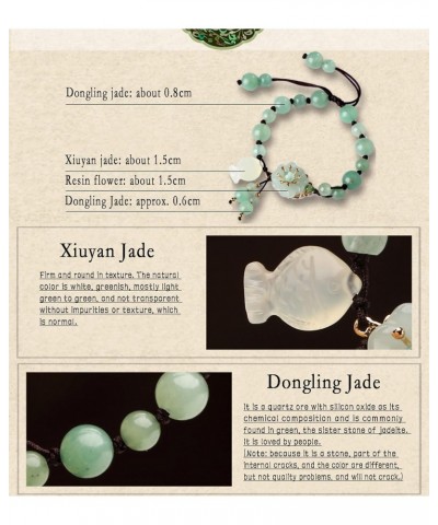 Vintage Prosperity Flower Natural Dongling Jade Beaded Bracelets for Women, Adjustable Braided Rope Tassels Good Luck Fish-Sh...