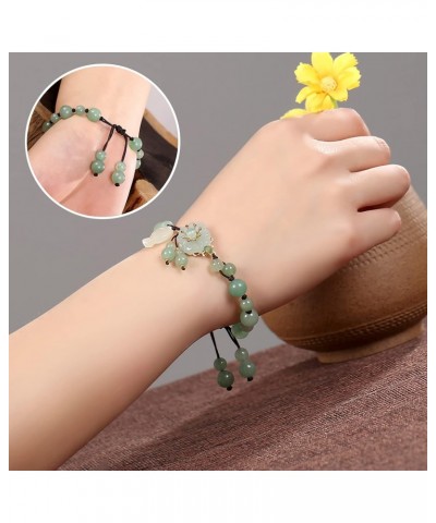 Vintage Prosperity Flower Natural Dongling Jade Beaded Bracelets for Women, Adjustable Braided Rope Tassels Good Luck Fish-Sh...