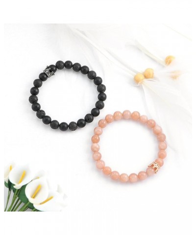 8mm Natural Stone CZ Micro Pave Crown King Queen Beads His and Hers Couple Bracelet, 7.5 Black&Red $8.83 Bracelets