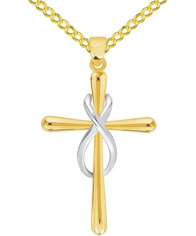 14k Yellow Gold Vertical Infinity Eternity Relligious Cross Pendant with Cable, Curb, or Figaro Chain Necklaces 16.0 Inches C...