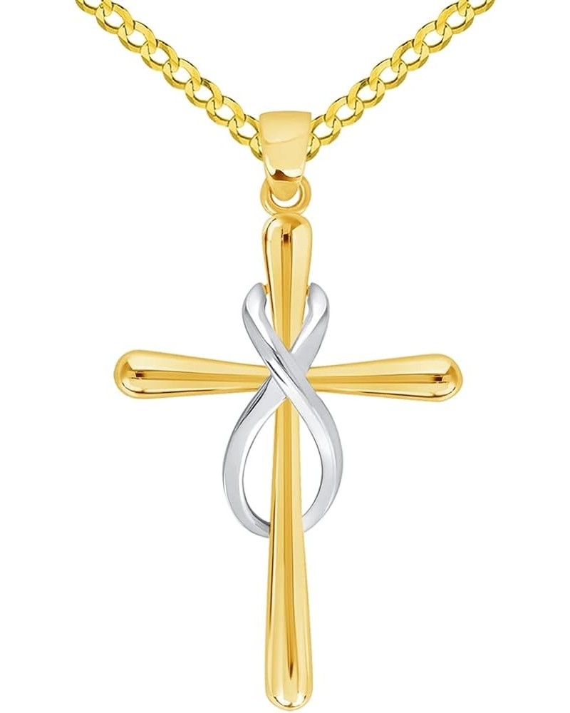 14k Yellow Gold Vertical Infinity Eternity Relligious Cross Pendant with Cable, Curb, or Figaro Chain Necklaces 16.0 Inches C...