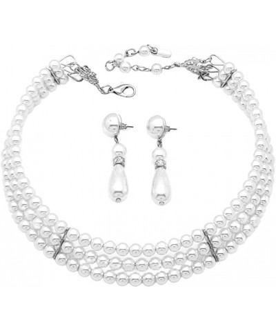 3 Rows Elegant Simulated Pearl Choker Necklace, Pierced Earring 2 Set White $10.61 Necklaces