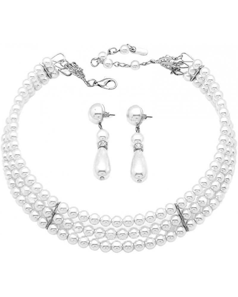 3 Rows Elegant Simulated Pearl Choker Necklace, Pierced Earring 2 Set White $10.61 Necklaces