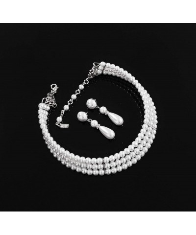 3 Rows Elegant Simulated Pearl Choker Necklace, Pierced Earring 2 Set White $10.61 Necklaces