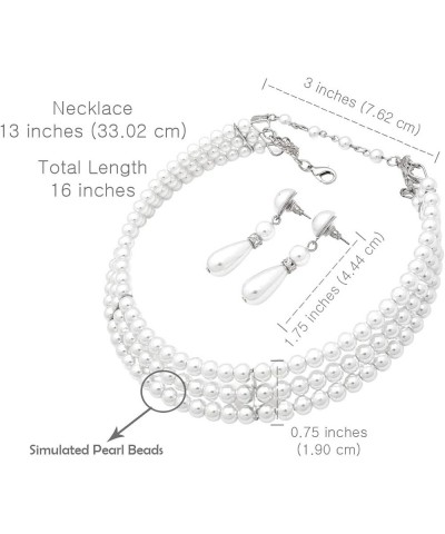 3 Rows Elegant Simulated Pearl Choker Necklace, Pierced Earring 2 Set White $10.61 Necklaces