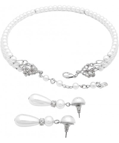 3 Rows Elegant Simulated Pearl Choker Necklace, Pierced Earring 2 Set White $10.61 Necklaces