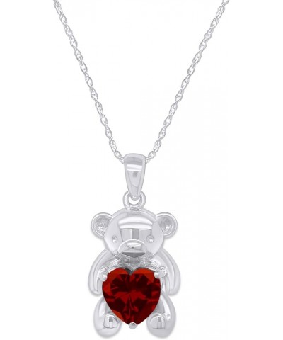 925 Sterling Silver Teddy Bear Pendant Necklace with Simulated Gemstone Love Heart Bear white-gold-plated-silver Garnet $25.2...