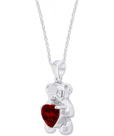 925 Sterling Silver Teddy Bear Pendant Necklace with Simulated Gemstone Love Heart Bear white-gold-plated-silver Garnet $25.2...