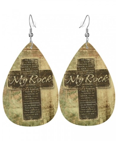 Leather Earrings Christian Religious Bible Verse The Lord is My Rock Pattern Double-sided for Women Girls Dangle Teardrop Rai...