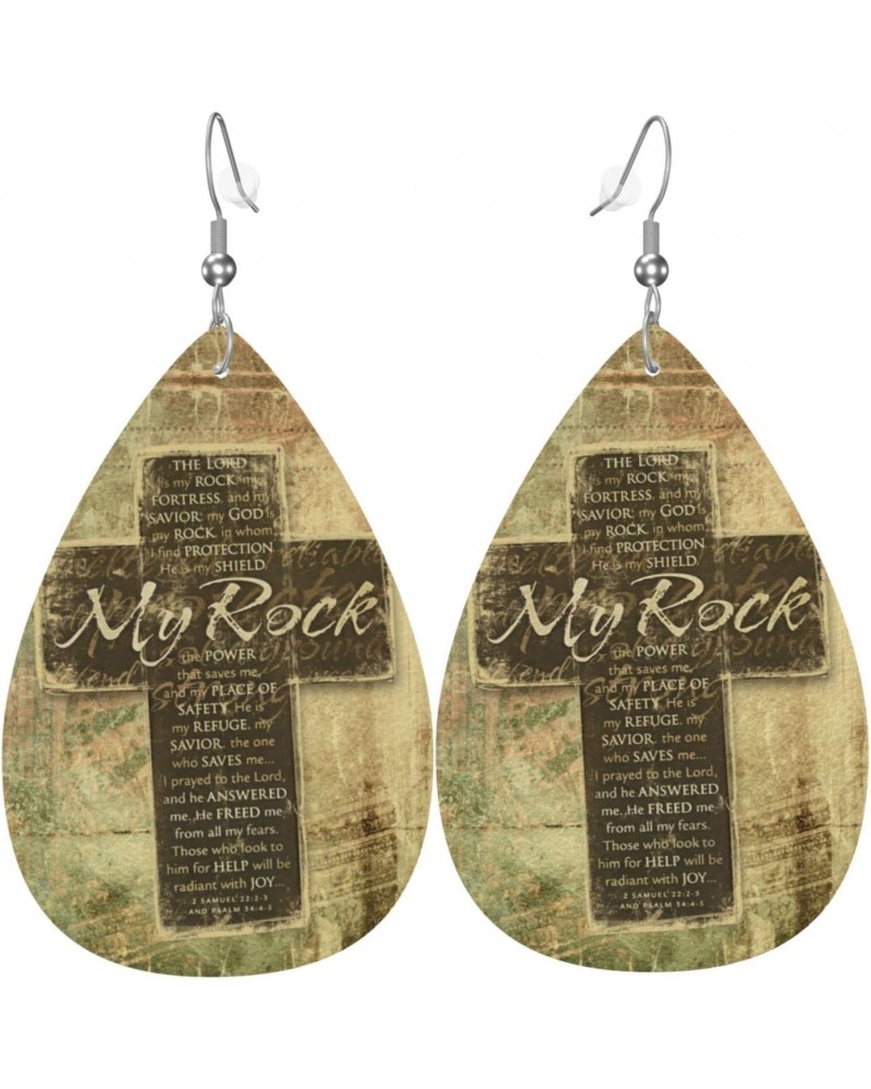 Leather Earrings Christian Religious Bible Verse The Lord is My Rock Pattern Double-sided for Women Girls Dangle Teardrop Rai...