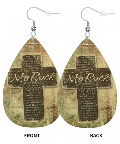 Leather Earrings Christian Religious Bible Verse The Lord is My Rock Pattern Double-sided for Women Girls Dangle Teardrop Rai...