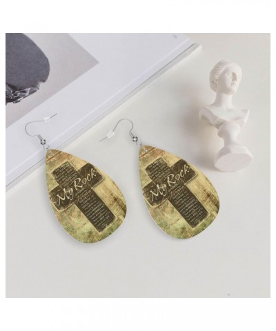 Leather Earrings Christian Religious Bible Verse The Lord is My Rock Pattern Double-sided for Women Girls Dangle Teardrop Rai...