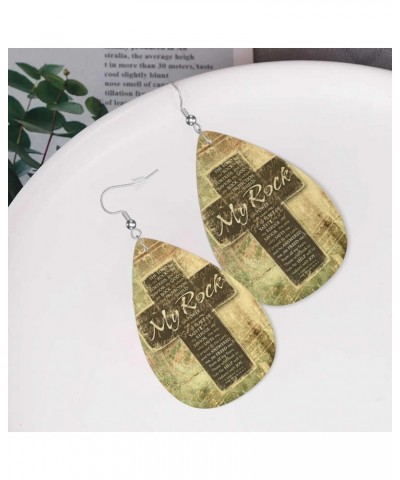 Leather Earrings Christian Religious Bible Verse The Lord is My Rock Pattern Double-sided for Women Girls Dangle Teardrop Rai...