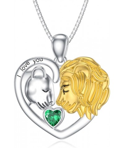 Lion Heart Necklace Couple Lion Necklace Silver Jewelry Valentine's Day Gift for Women Girls May - Emerald $34.80 Necklaces