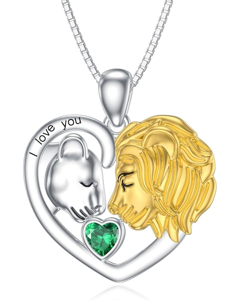 Lion Heart Necklace Couple Lion Necklace Silver Jewelry Valentine's Day Gift for Women Girls May - Emerald $34.80 Necklaces