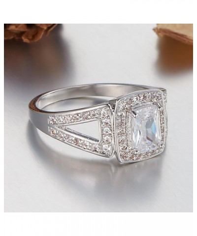 Silver Plated Emerald Cut Created Rainbow Topaz Blue Sapphire CZ Cubic Zirconia Filled Halo Wedding Engagement Band Elegant W...