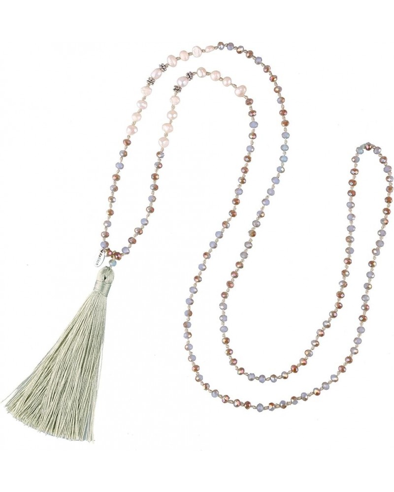 Long Tassel Necklace Natural Pearls Chains Necklaces Hand-Knotted Crystal Beaded Necklace Gray Green H $11.16 Necklaces