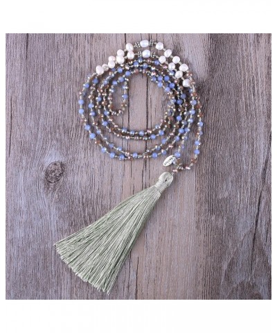 Long Tassel Necklace Natural Pearls Chains Necklaces Hand-Knotted Crystal Beaded Necklace Gray Green H $11.16 Necklaces