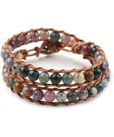 Real Stones Wrap Bracelet Handmade Woven Brown Leather Multilayer 6mm Beads Bangle Fashion Style Indian Agate $11.85 Bracelets