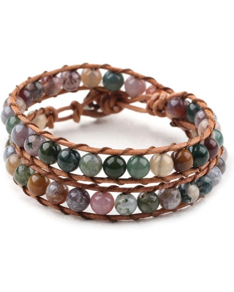 Real Stones Wrap Bracelet Handmade Woven Brown Leather Multilayer 6mm Beads Bangle Fashion Style Indian Agate $11.85 Bracelets