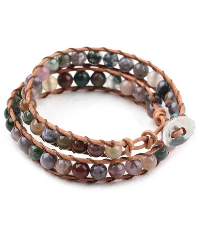 Real Stones Wrap Bracelet Handmade Woven Brown Leather Multilayer 6mm Beads Bangle Fashion Style Indian Agate $11.85 Bracelets