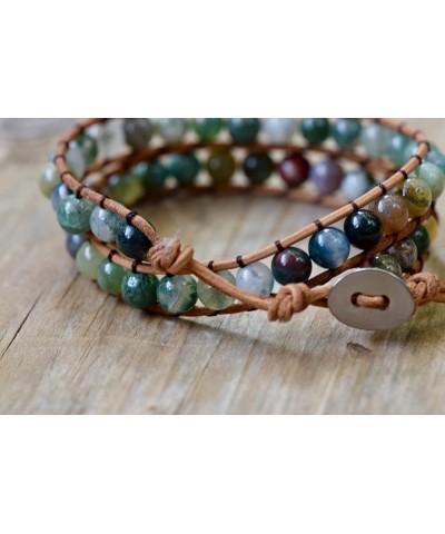 Real Stones Wrap Bracelet Handmade Woven Brown Leather Multilayer 6mm Beads Bangle Fashion Style Indian Agate $11.85 Bracelets