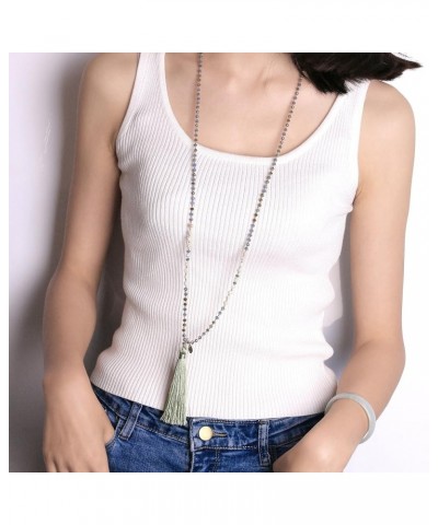 Long Tassel Necklace Natural Pearls Chains Necklaces Hand-Knotted Crystal Beaded Necklace Gray Green H $11.16 Necklaces