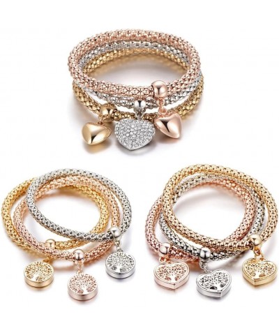 Crystal Charms Multilayer Bracelets - 3PCS Gold/Silver/Rose Gold Corn Chain Bracelet for Women, Tree of Life Heart Shaped Str...