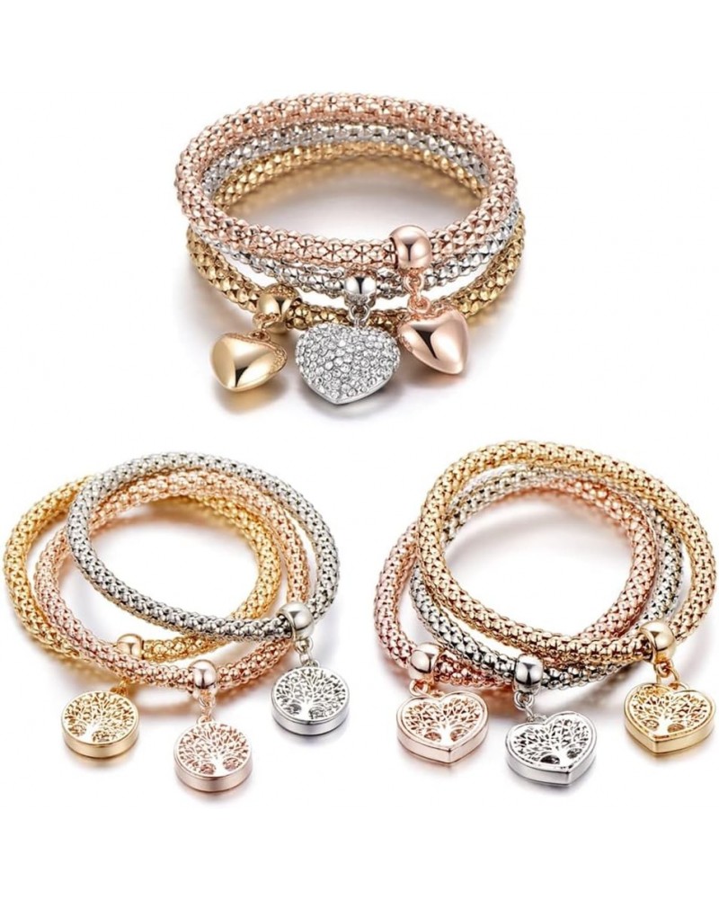 Crystal Charms Multilayer Bracelets - 3PCS Gold/Silver/Rose Gold Corn Chain Bracelet for Women, Tree of Life Heart Shaped Str...