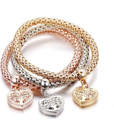 Crystal Charms Multilayer Bracelets - 3PCS Gold/Silver/Rose Gold Corn Chain Bracelet for Women, Tree of Life Heart Shaped Str...