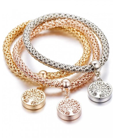 Crystal Charms Multilayer Bracelets - 3PCS Gold/Silver/Rose Gold Corn Chain Bracelet for Women, Tree of Life Heart Shaped Str...