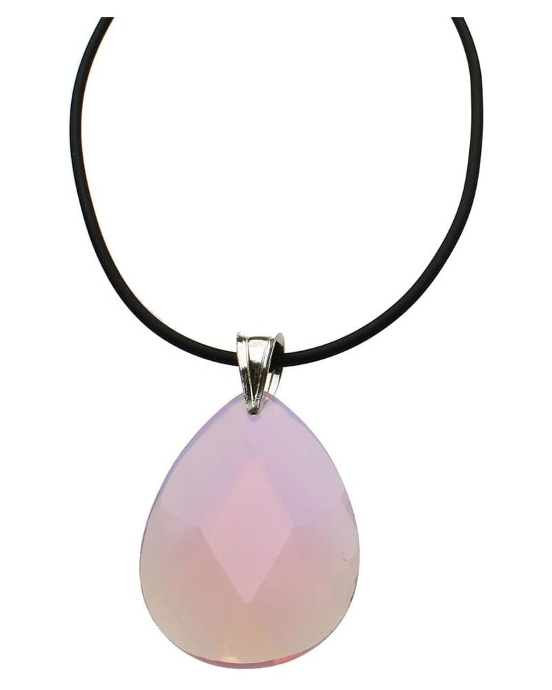 Faceted Pink Opalite Glass Teardrop Pendant Rubber Cord Necklace Sterling Silver 20 inches $7.22 Others