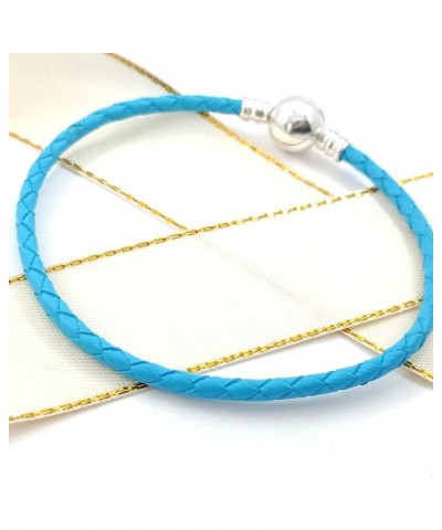 3mm Bule Braided Leather Bracelet Round Barrel Snap Clasp Woven Bracelet for Pandora European Charm Bead DIY Jewelry 6.3"-8.2...