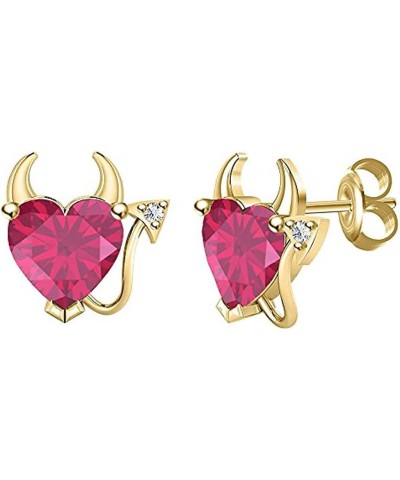 Created Heart Cut Ruby 925 Sterling Silver 14K Gold Over Diamond Devil Heart Stud Earring for Women's & Girl's Sterling Silve...