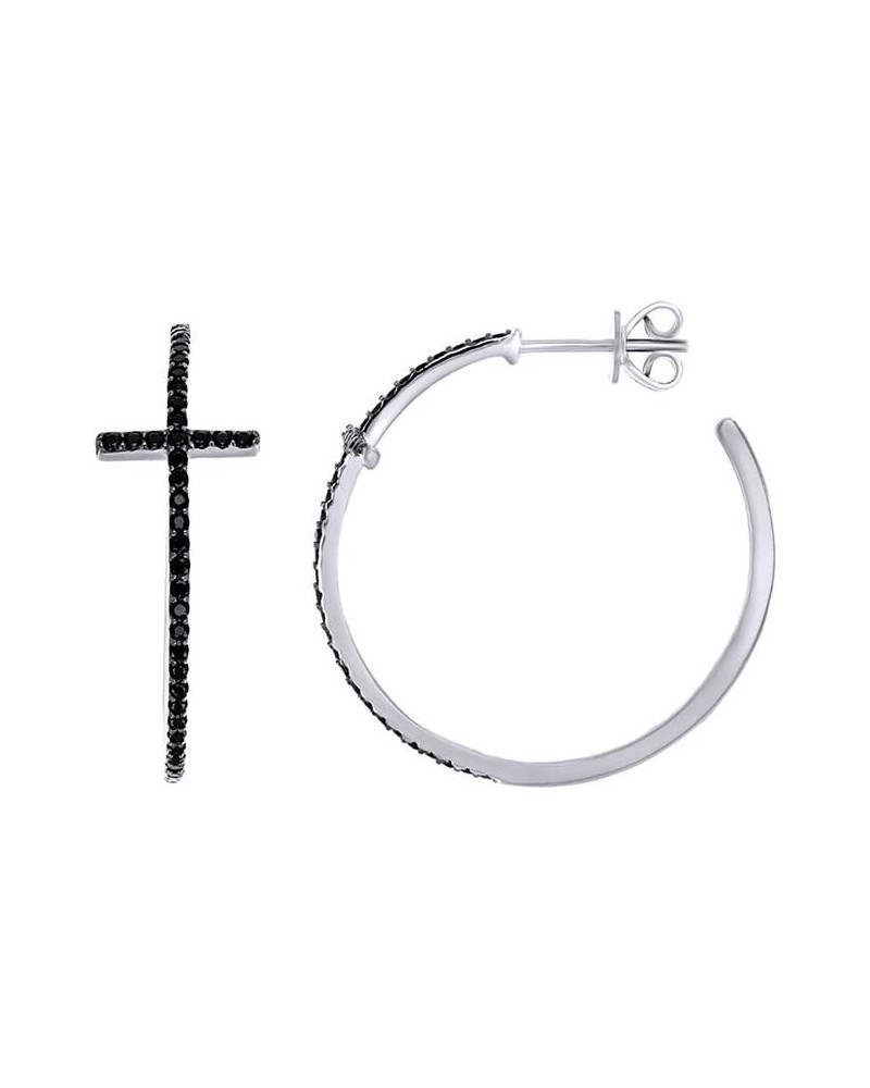 Round Shape Simulated Black Spinel Cross Hoop Earrings In 14k Gold Over Sterling Silver White-gold-plated-silver $24.94 Earrings