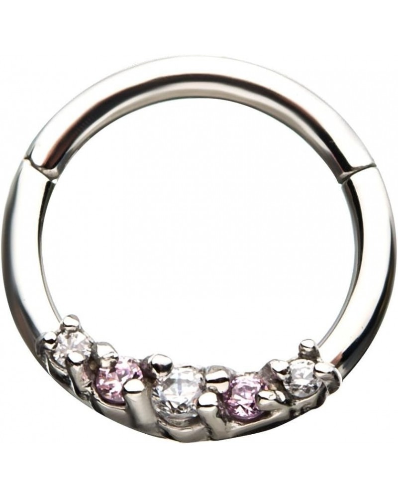 18GA Stainless Steel 5/16" Prong Set Five Crystal Gem Hinged Segment Ring Pink $11.48 Body Jewelry