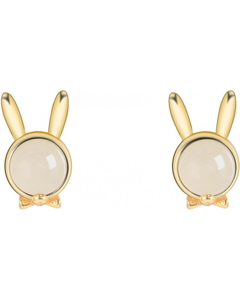 14K Gold Rabbit Stud Earrings with Jade, Small and Elegant Jewelry Gift for Women, Perfect for Wife or Mother Yellow Gold $74...