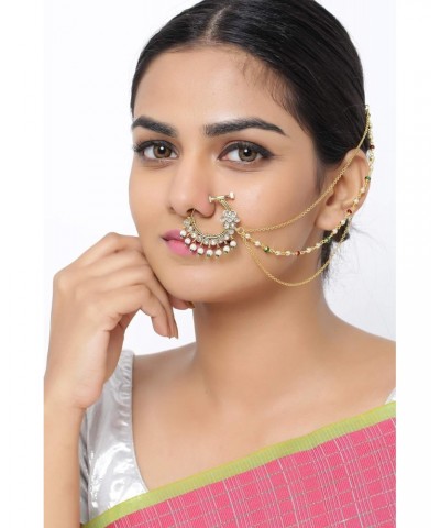 Indian Golden Brass Kundan Nath Nose Ring Pin With Pearl Chain for Women Wedding Bridal ( Non Piercing), White, Free Size $12...