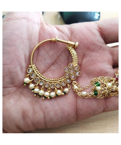 Indian Golden Brass Kundan Nath Nose Ring Pin With Pearl Chain for Women Wedding Bridal ( Non Piercing), White, Free Size $12...