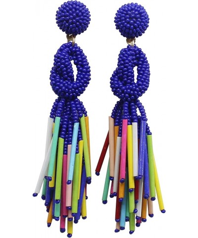 Handmade Beaded Solid Color Post Statement Earrings for Women Girl All Season 4 inch Long Blue Multi $11.59 Earrings