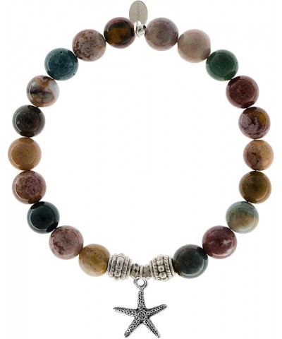 Natural Ocean Jasper Gemstone Rope Bead Starfish Charm Stretch Bracelet 9.0 Inches $16.55 Bracelets