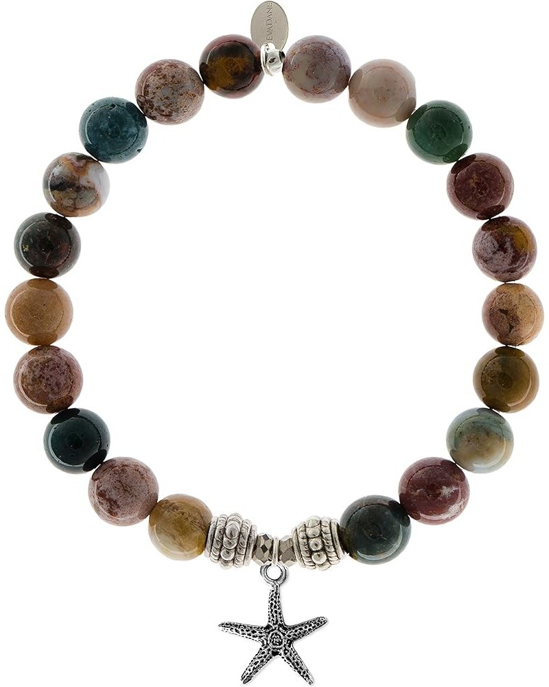 Natural Ocean Jasper Gemstone Rope Bead Starfish Charm Stretch Bracelet 9.0 Inches $16.55 Bracelets