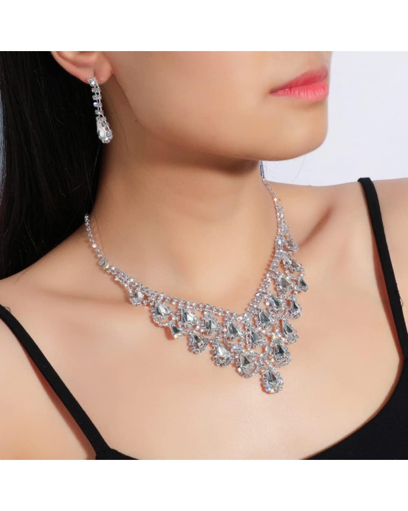 Bride Crystal Necklace Earrings Set Wedding Jewelry Sets Rhinestone Choker Necklace Prom Costume Jewelry Set for Women and Gi...