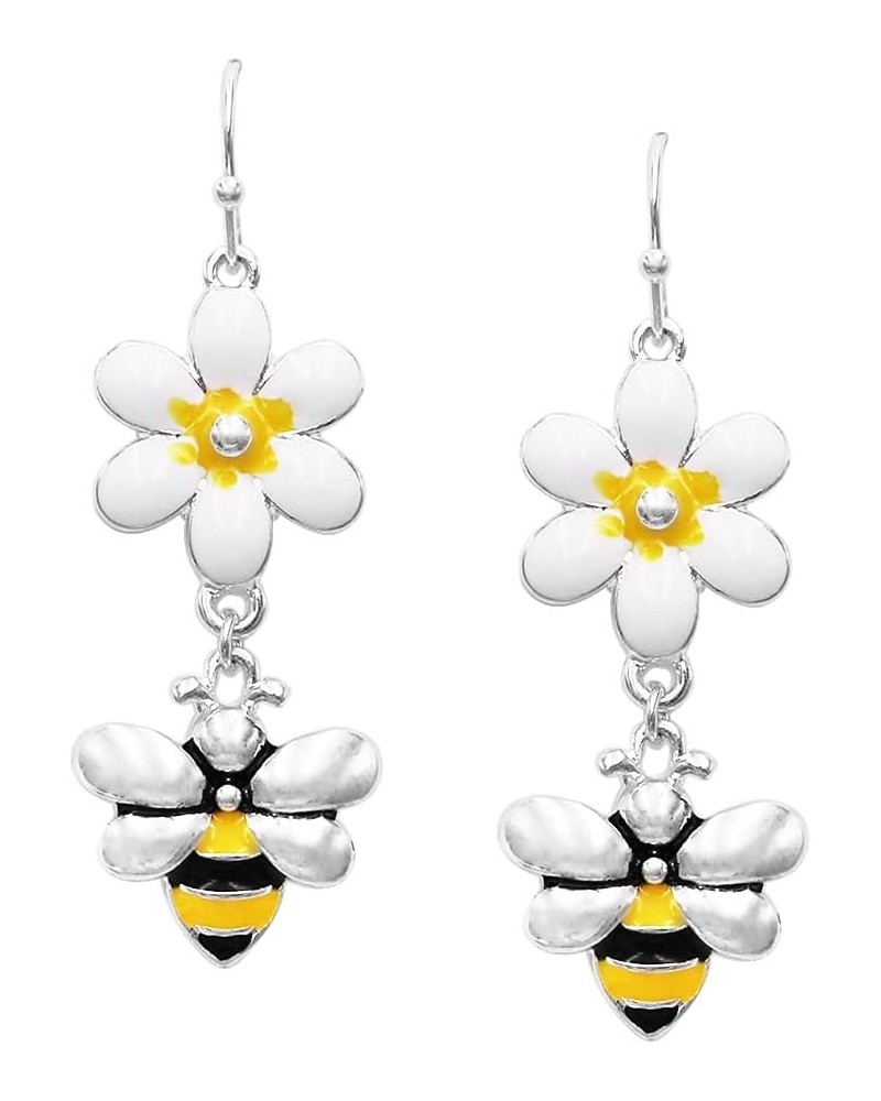 Women's BEEutiful Summertime Fun Enamel And Crystal Rhinestone Honey Bee Jewelry Pieces Daisy Flower Dangle Earrings Silver T...