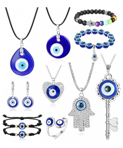 11Pcs Evil Eye Necklaces Pendant for Women Men Hamsa Hand Necklace Bracelets Evil Eye Earrings Rings Turkish Protection Jewel...