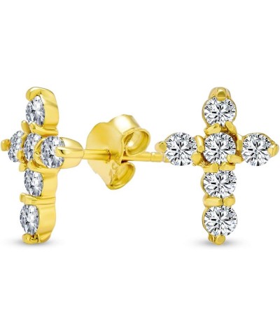 Accent CZ Baguette Small Petite Religious Cross Stud Earrings For Women Men Teens Yellow 14K Gold Plated .925 Sterling Silver...