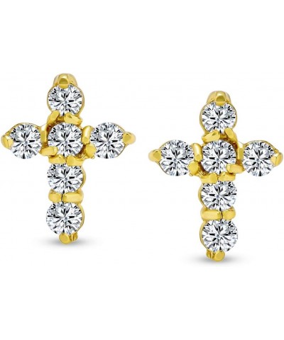 Accent CZ Baguette Small Petite Religious Cross Stud Earrings For Women Men Teens Yellow 14K Gold Plated .925 Sterling Silver...