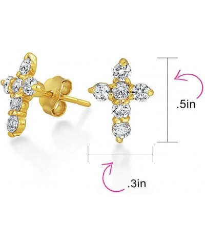 Accent CZ Baguette Small Petite Religious Cross Stud Earrings For Women Men Teens Yellow 14K Gold Plated .925 Sterling Silver...