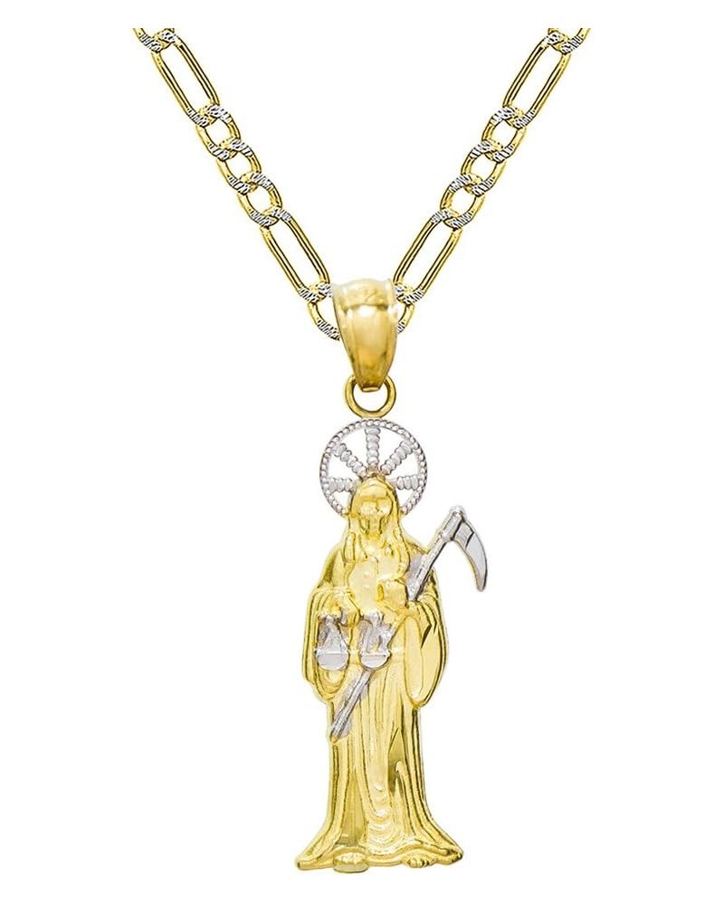 14K Two Tone Gold Santa Muerte Charm Pendant Necklace - 1.8 mm White Pave Figaro Chain $93.74 Necklaces